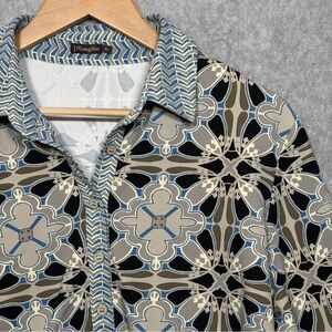 J McLaughlin Catalina Cloth Geometric Pattern Blouse-Black/Gray/Blue-Women XL